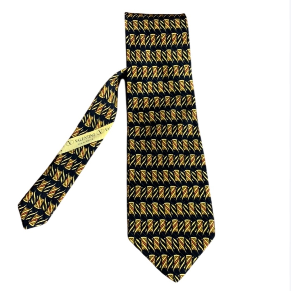 Valentino Cravate Vintage Black & Yellow Pattern Necktie Retro Silk Tie